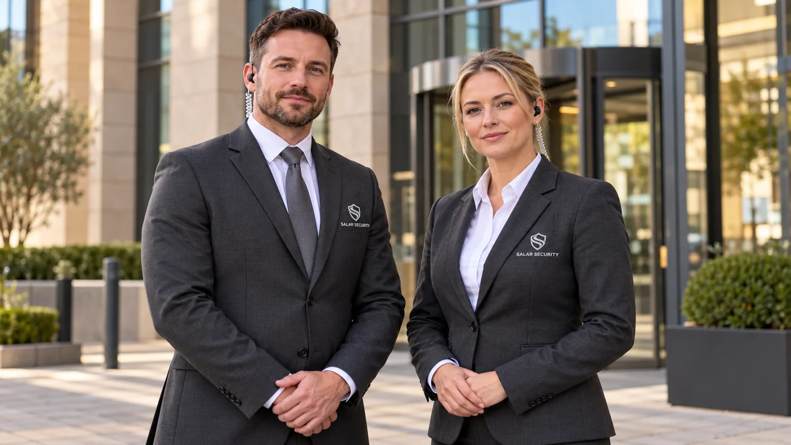 Male and female Salar Security professionals outside a UK commercial building